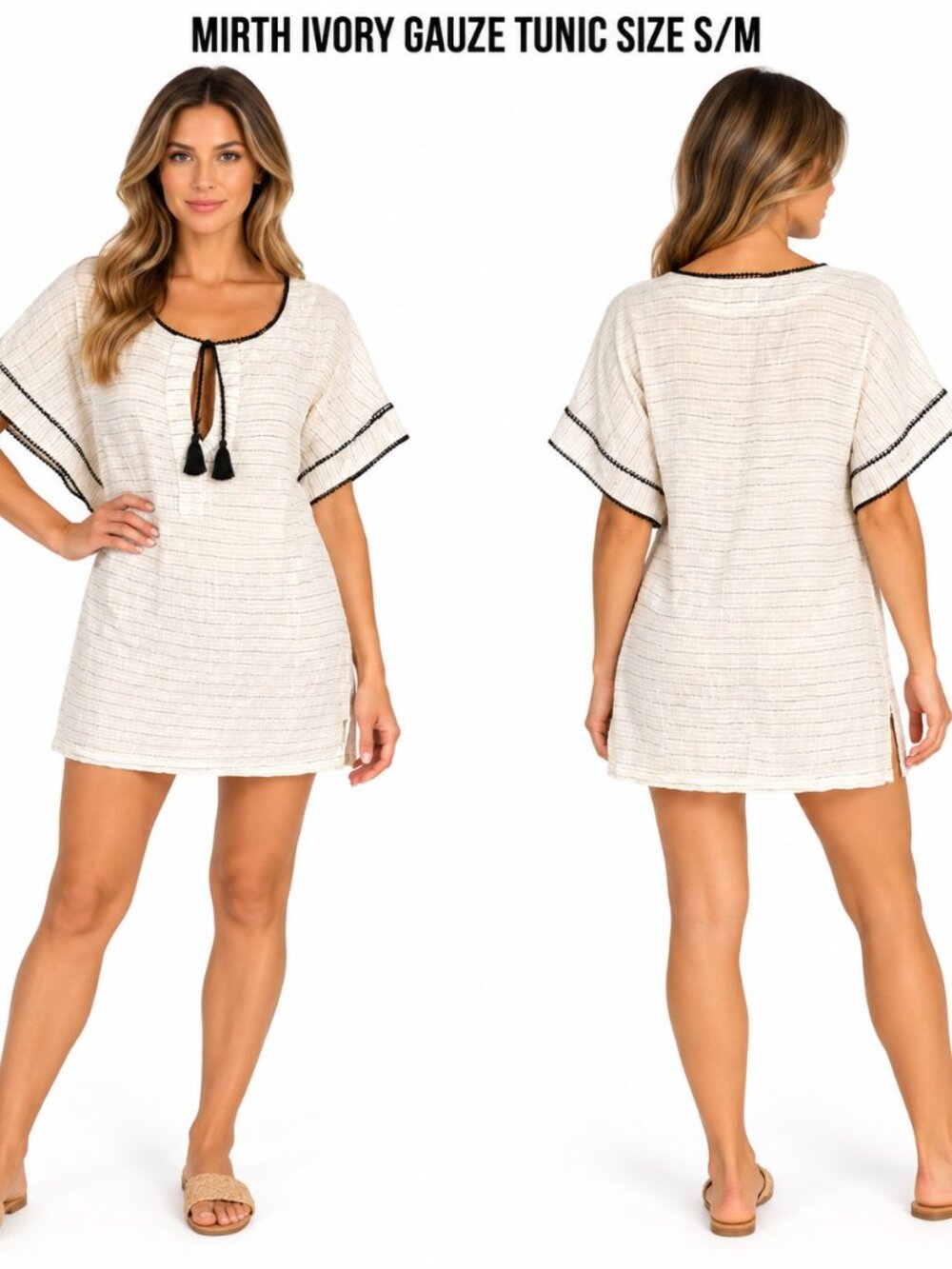 Mirth Ivory Gauze Tunic with Black Trim and Tassel Tie